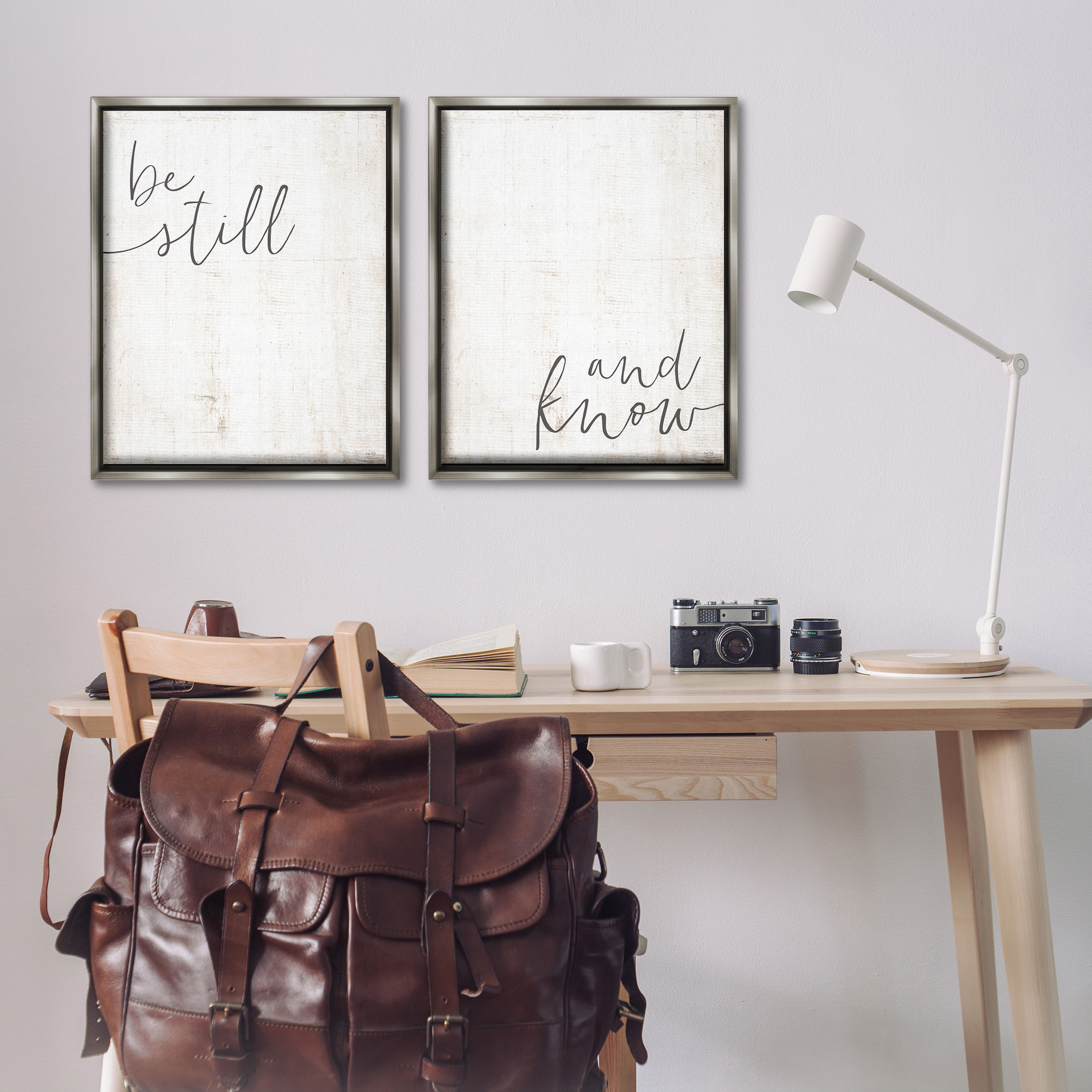 Stupell Industries Be Still & Know Spiritual Calligraphy Inspirational Painting Gray Floater Framed Canvas Art Print Wall Art, 25 x 31, Set of 2