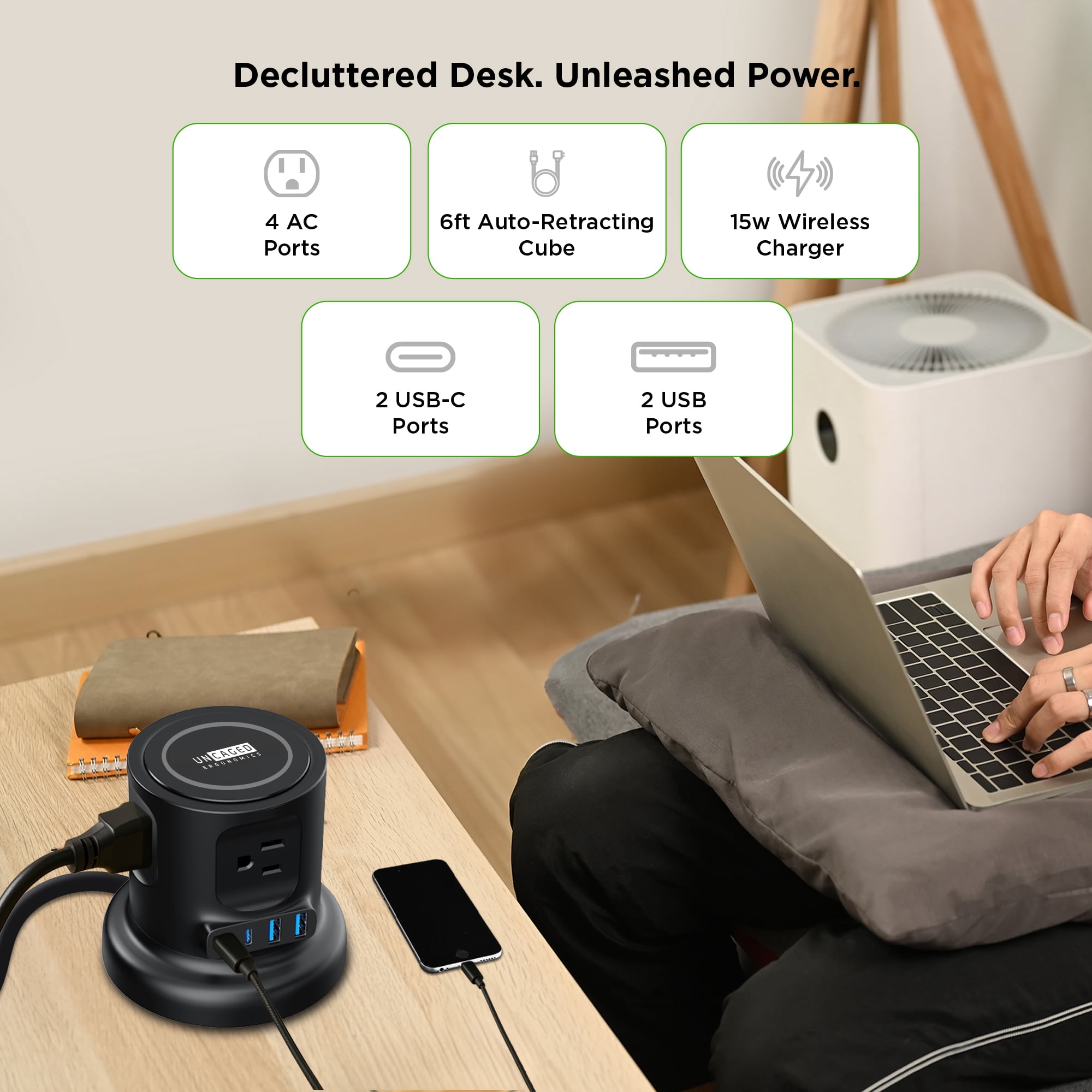 Wireless Retractable Power Strip Tower, 9-in-1 Surge Protector with 4 AC Outlets, 2 USB-C PD, 2 USB-A, 15W Wireless Charger, 6ft Auto-Retracting Cord, Fast Charging Station Black