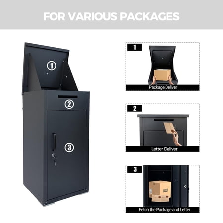 Anti-Theft 34-Inch Package Delivery Box for Outside with Lockable Mailbox, Cold-Rolled Steel Parcel Box for Porch and Curbside, Black