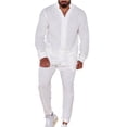 thumbnail image 1 of Mialoley Men's 2 Piece Linen Set Solid Color Button Down Long Sleeve Shirts Casual Cargo Pants with Pockets Fall Outfits, 1 of 5