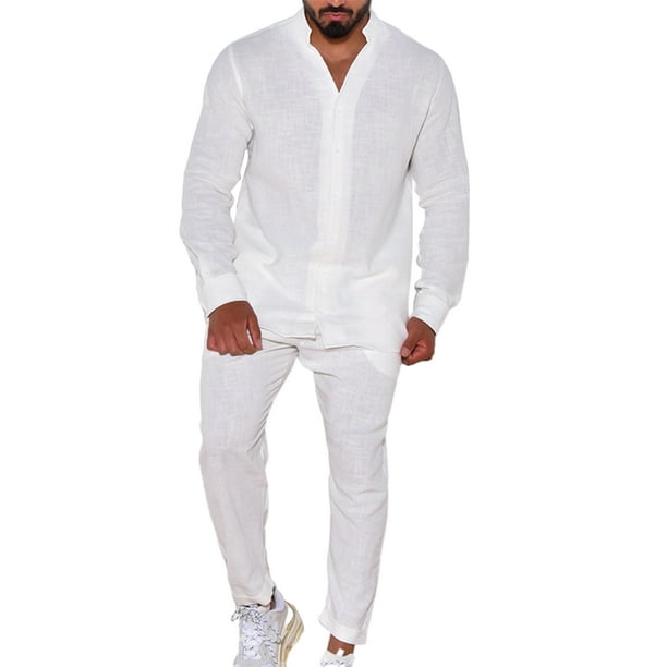 TRKIYQC Conjunto de lino de 2 piezas para hombre, camisas de manga larga con botones de color sólido, pantalones cargo casuales con bolsillos, trajes de otoño TRKIYQC moda
