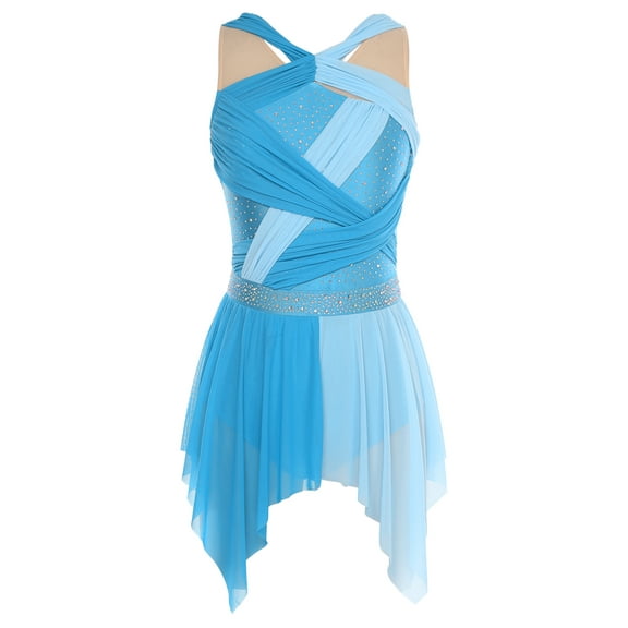 Oyolan Womens Rhinestone Lyrical Dance Dress Color Block Mesh Ruched Twisted Leotard Dress Dancewear Light Blue L