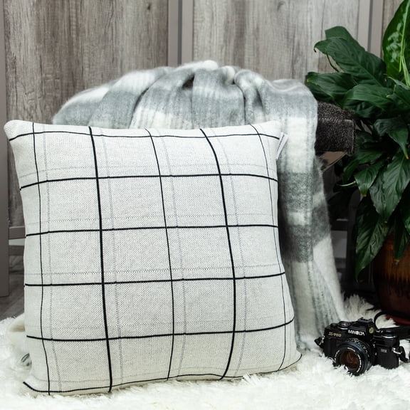 Nassau Collection Knitted Plaid Pattern Square Cotton Throw Pillow - 20" - Grey and Black