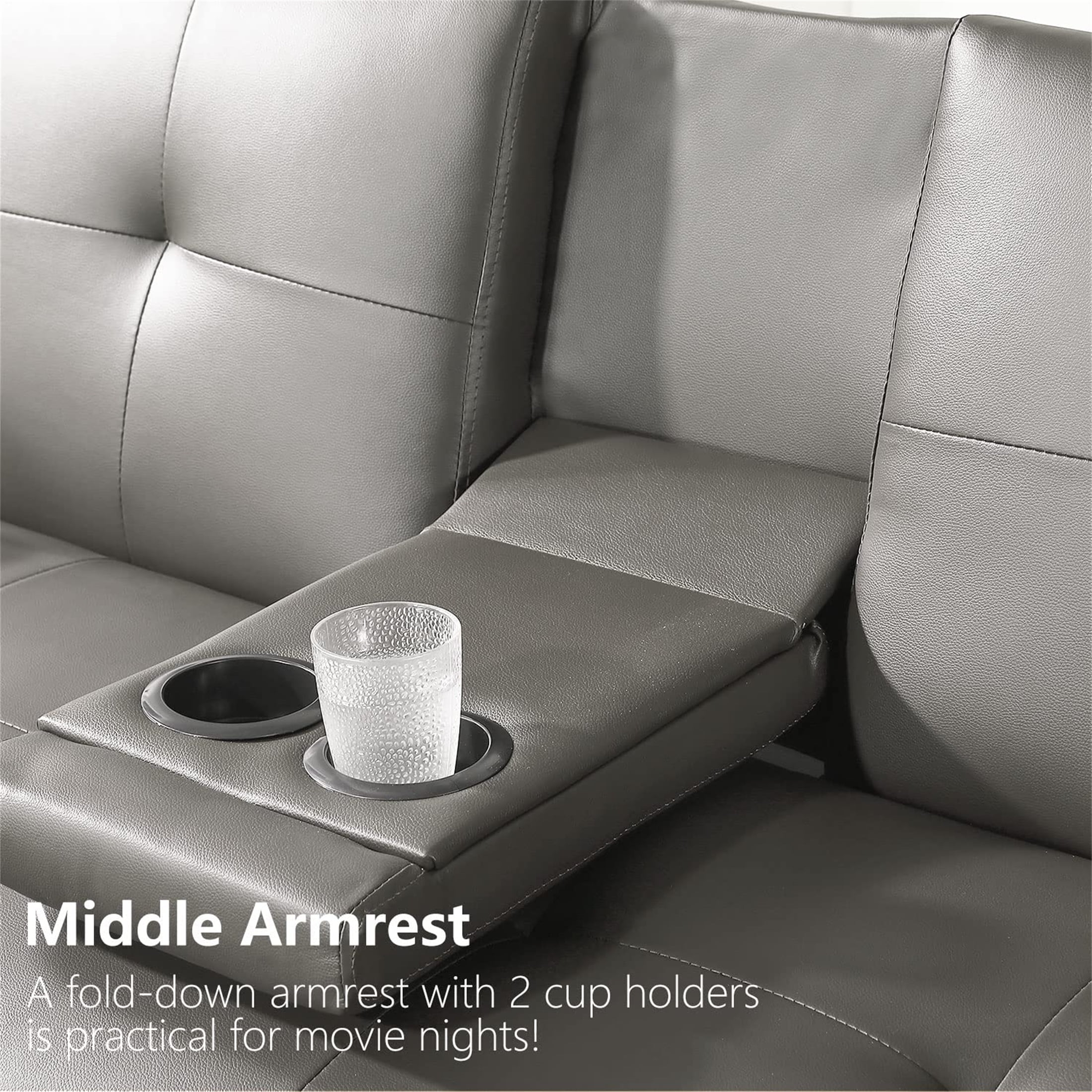 Aukfa Leather Futon Convertible Sofa Bed, 2 Cup Holders Twin Size, Gray