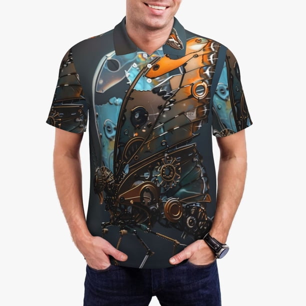 Balery Steampunk Mechanical Butterfly Camisa Polo de Hombre con Estampado, de Manga Corta y Tejido Medio, Camisa Tipo Golf Polo-Medium