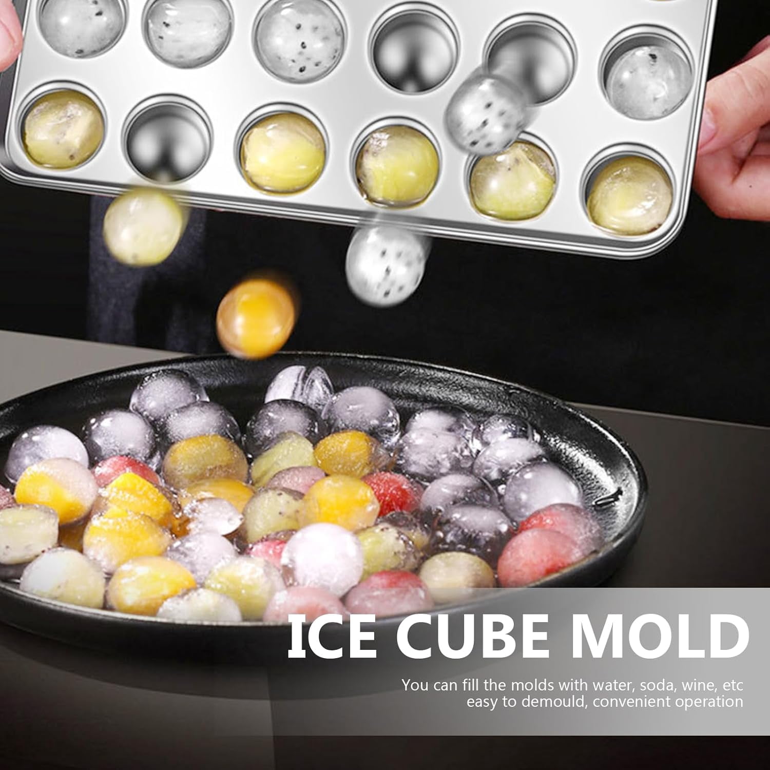 ABPETE Stainless Steel Round Ice Cube Tray With Lid - Easy Release Mold for Ice Balls - Freezer Tray for Drinks, Soda, Whiskey, Cocktails