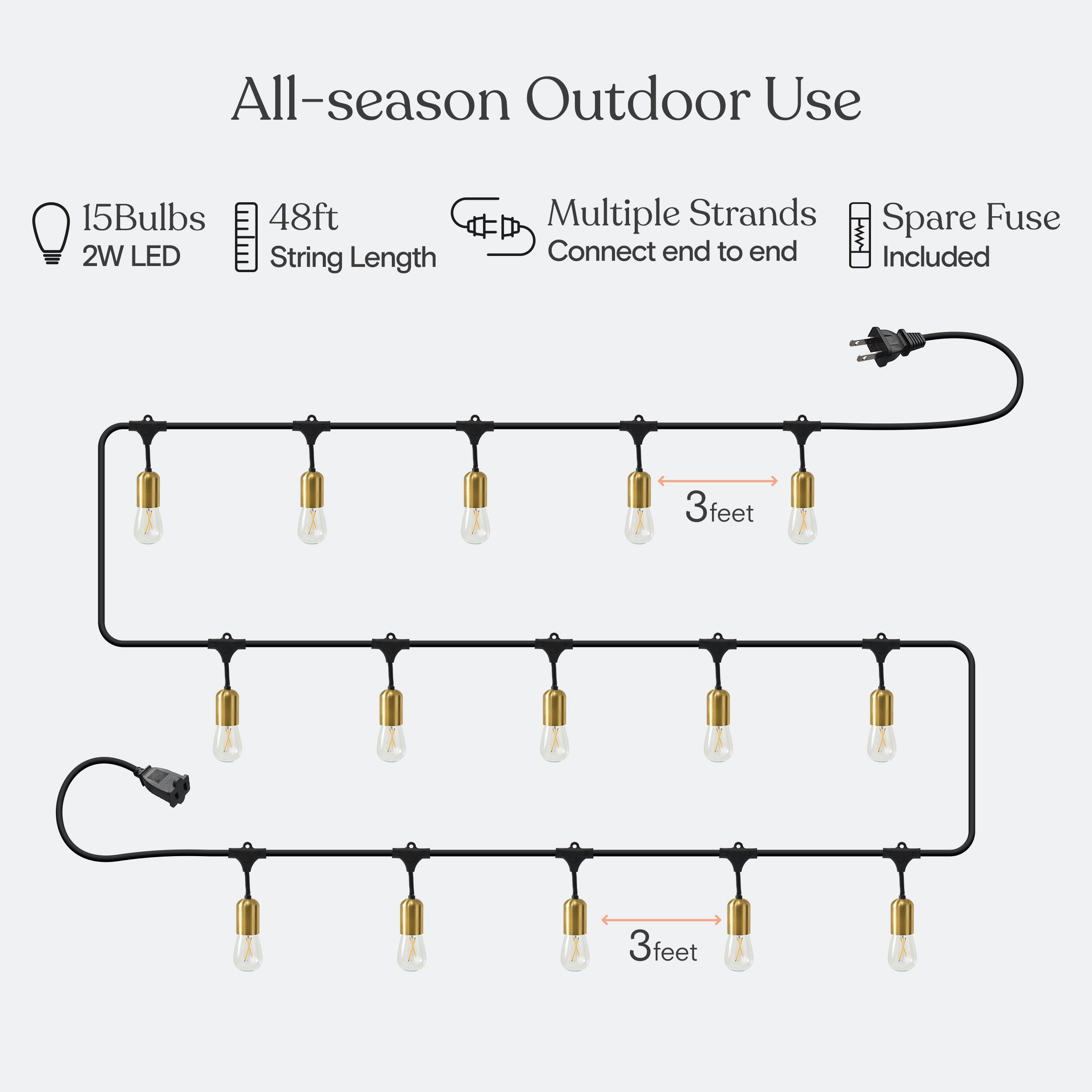 Brightech Glow LED String Lights - 48 Ft Commercial Grade Patio Lights with Beautiful Brass Accents - Outdoor Waterproof Globe Porch String Lights for Outside, Backyard, Gardens - 15 2W LED bulbs