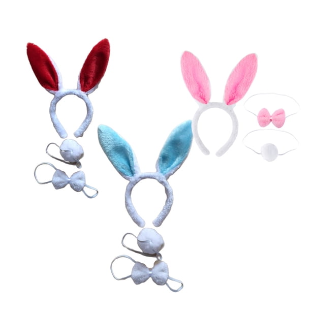 9 piezas de diseño de oreja de conejo de peluche aros de pelo corbatas en forma de lazo corbatas de conejo falso para niños adultos blanco rosa rojo y azul