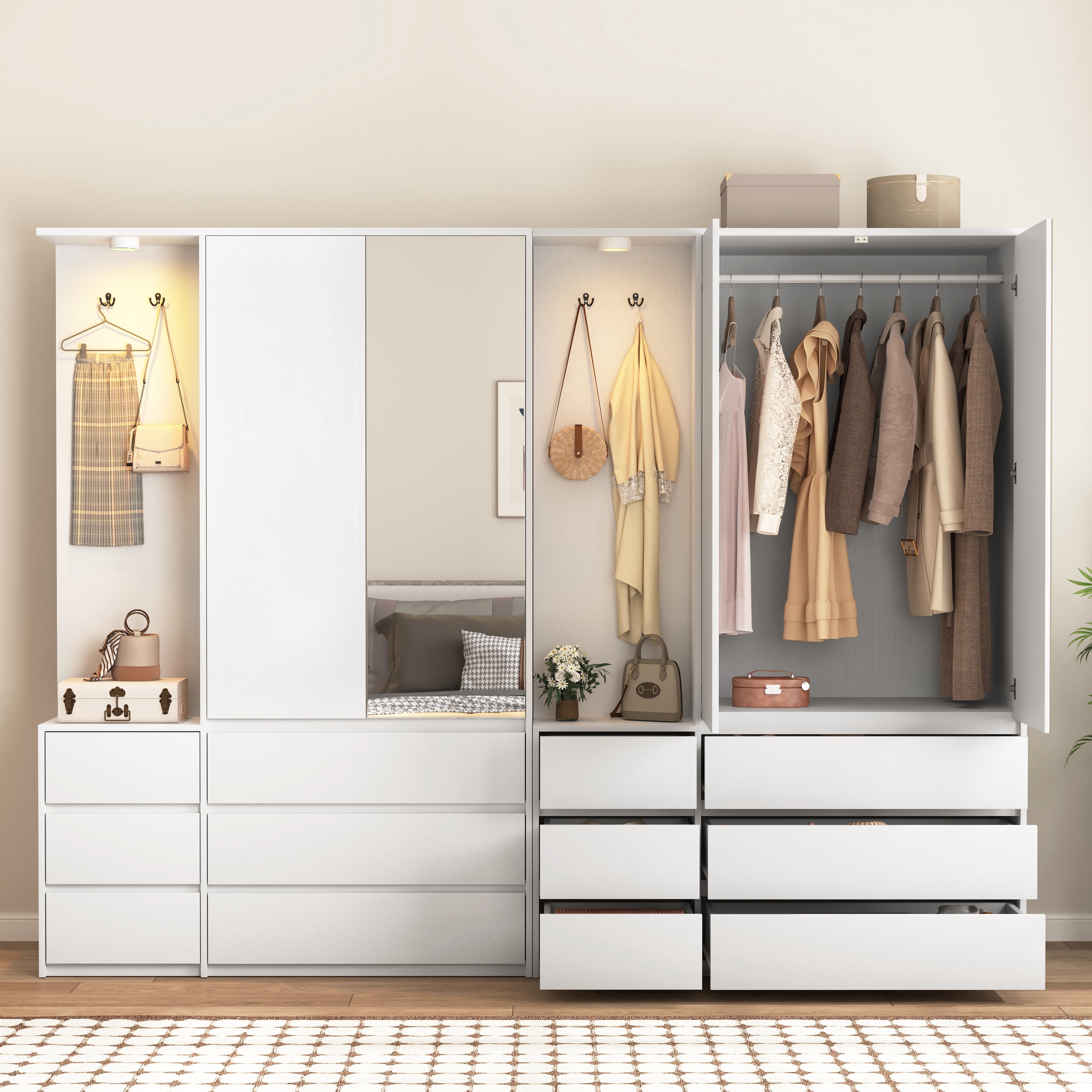 Mintazer Freestanding Wardrobe Armoire with Mirror Door, Open Coat Nook & 6 Drawers, 71" Tall Clothing Storage Cabinet with Hanging Rod & Light for Bedroom, White
