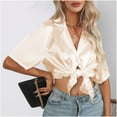 thumbnail image 2 of HAPIMO Women's Trendy Solid Color Silk Pullovers Summer Loose Satin Bandage Tops Relaxed Short Sleeve Tees Casual Workout Shirts Lapel V Neck Blouses for Girls Beige XL, 2 of 8