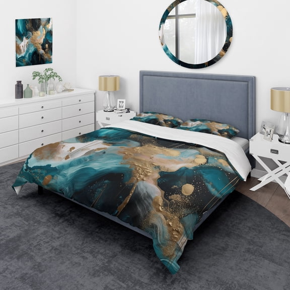 Designart "Mysterious Marble Green and Gold II" Abstract Marble Bedding Covert Set - Modern Green Abstract Bed Set With 2 Shams