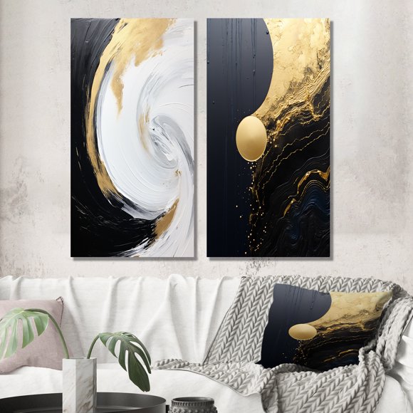 Designart "Essence Alchimique Abstraite en Or et Noir" Peinture Abstraite Art Mural Ensemble de 2 - Ensemble de Toile Dorée Moderne pour Décoration de Salon