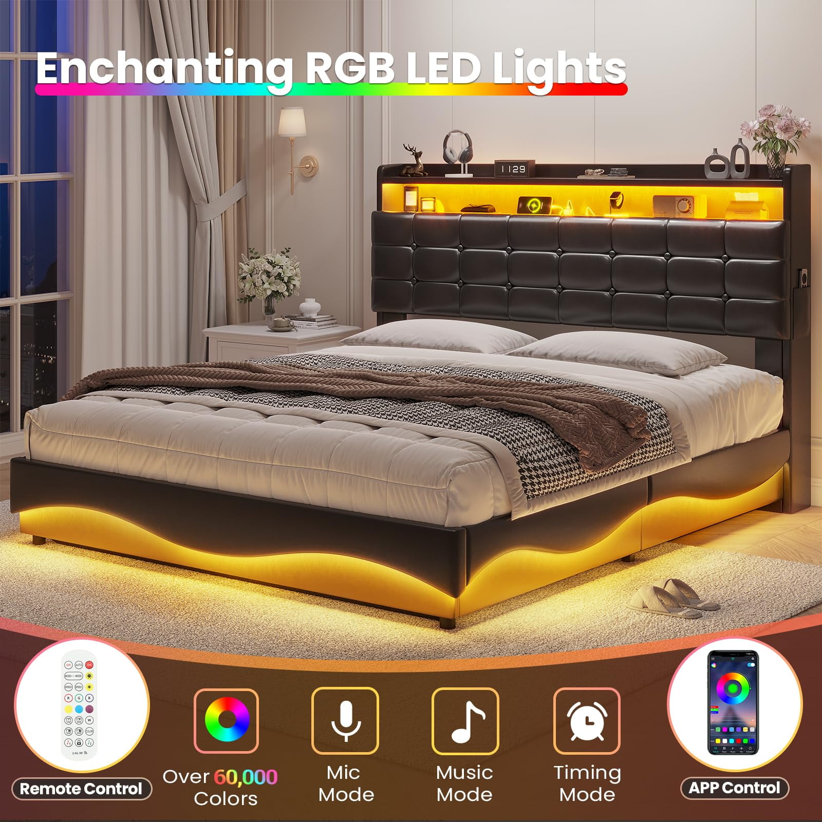 Amuzer Queen Bed Frame with Lift Up Storage,Type-C Charging Station,Hidden Storage Headboard, Upholstered Platform Bed with LED Lights,with Hydraulic, No Box Spring Needed,Black