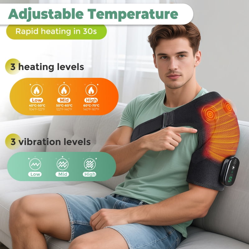 Shoulder Heating Pad, Cordless Heated Shoulder Brace with Vibration and Heat for Rotator Cuff Relief, Adjustable Heated Shoulder Massager, Gifts for Women Men