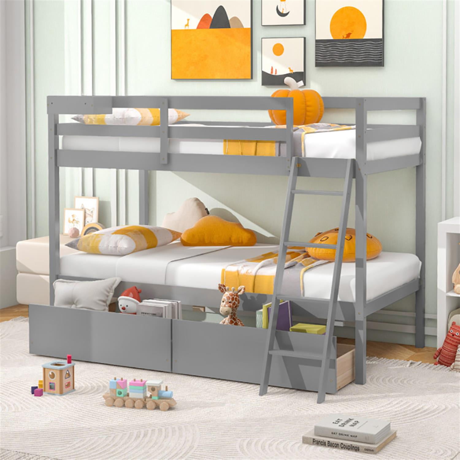 Demi Bonn Twin Over Twin Bunk Bed with 2 Storage Drawers and Ladder, Twin Bunk Beds, Wood Bed Frame No Box Spring Needed, Gray