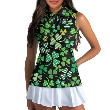 Uorisanigo Cute Lucky Leaves Women s Golf Shirt Comfortable Washable Quick Dry Zip Up Workout Tennis Tops for Women Casual Sleeveless Outing Wear Size XL