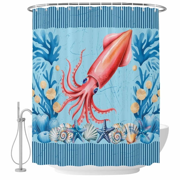 Small Stall Shower Curtain 48x72 Inch Narrow Half Size Coastal Marine Life Bath Curtains Bathroom Decor, Nautical Coral Starfish Shells Striped Waterproof Fabric Shower Curtain Set with Hooks 48 Inch
