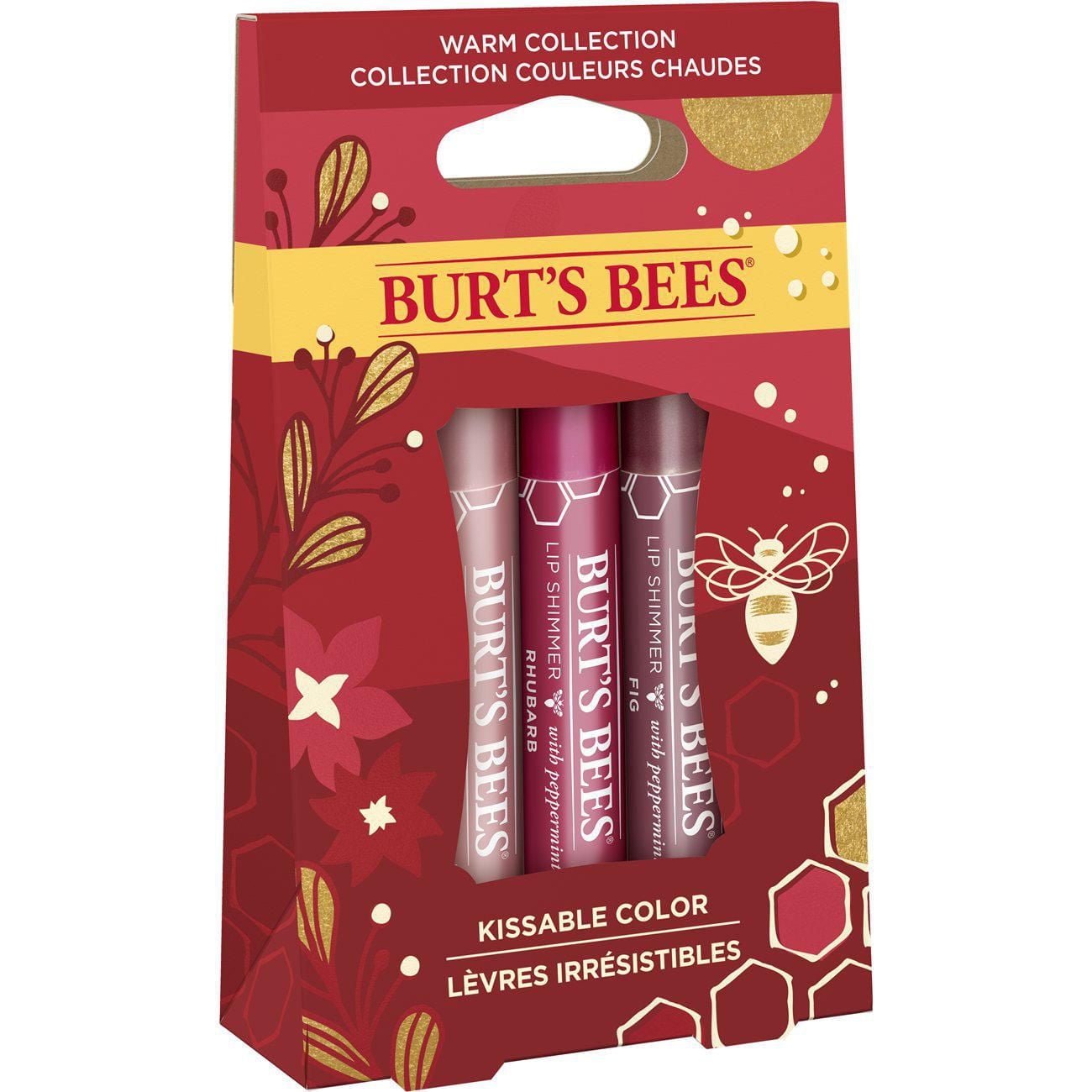 Trousse des fêtes «Lèvres irrésistibles» de Burt’s Bees de la collection «couleurs chaudes» avec 3 brillants scintillants (pivoine, rhubarbe et figue)