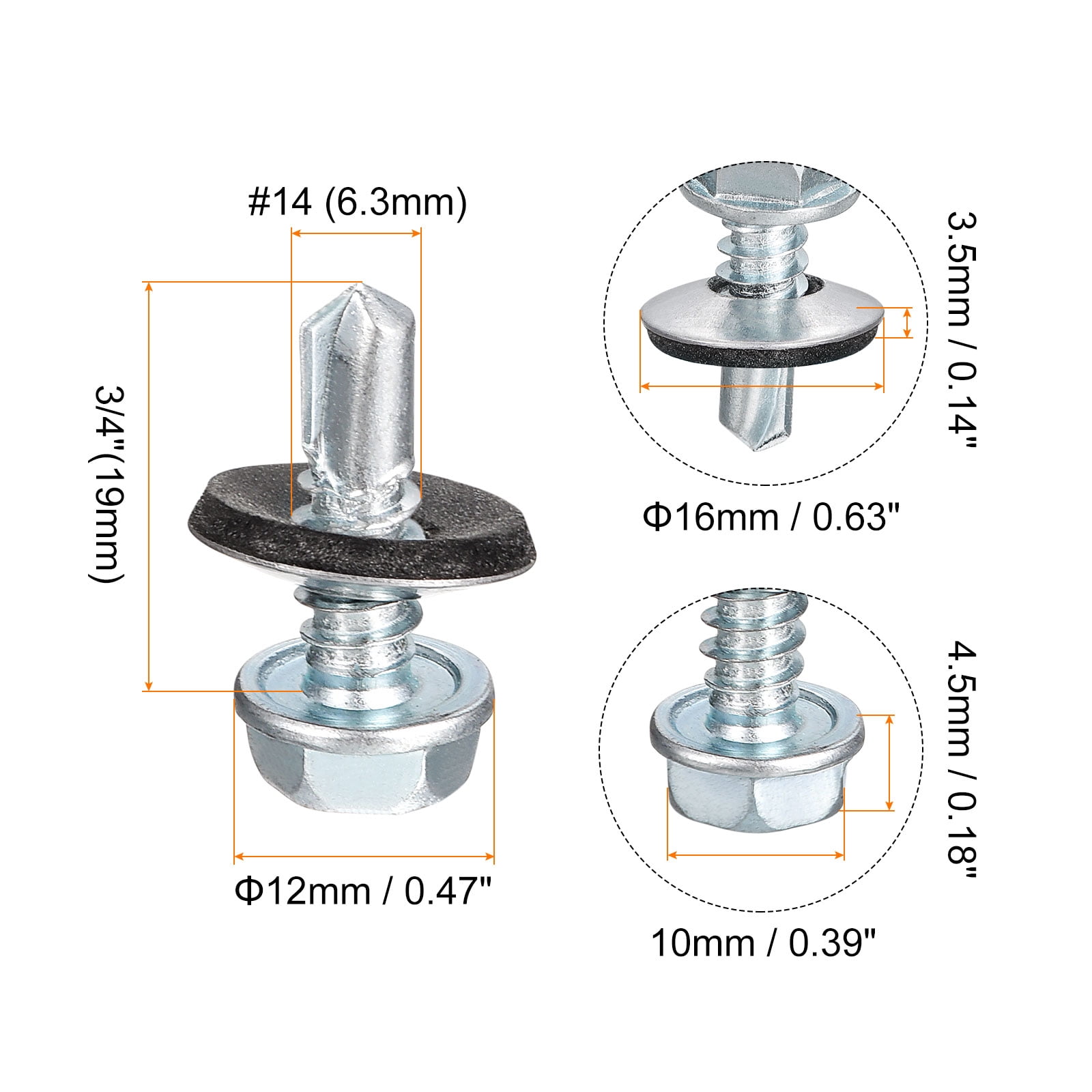 Unique Bargains Roof Screw Self Drilling Hex Head Self Tapping Screws Silver #14 x 3/4"