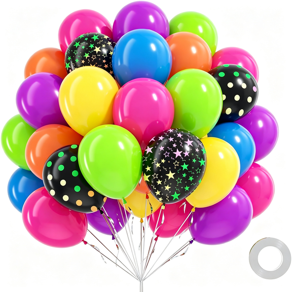 HHNOU 60Pcs Neon Balloons 12",Yellow Hot Pink Lime Green Orange Blue Purple Rainbow Balloons for 80S 90S Neon Birthday Party Decorations Neon Balloons