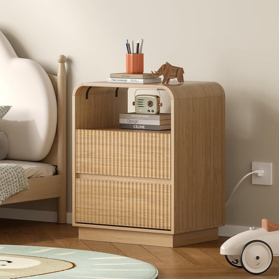 FANRAL Modern 2 Drawer Nightstand with Charging Station,Wooden Bedside Table with Curved Silhouette & Metal Handles,Natural Oak Night Stand