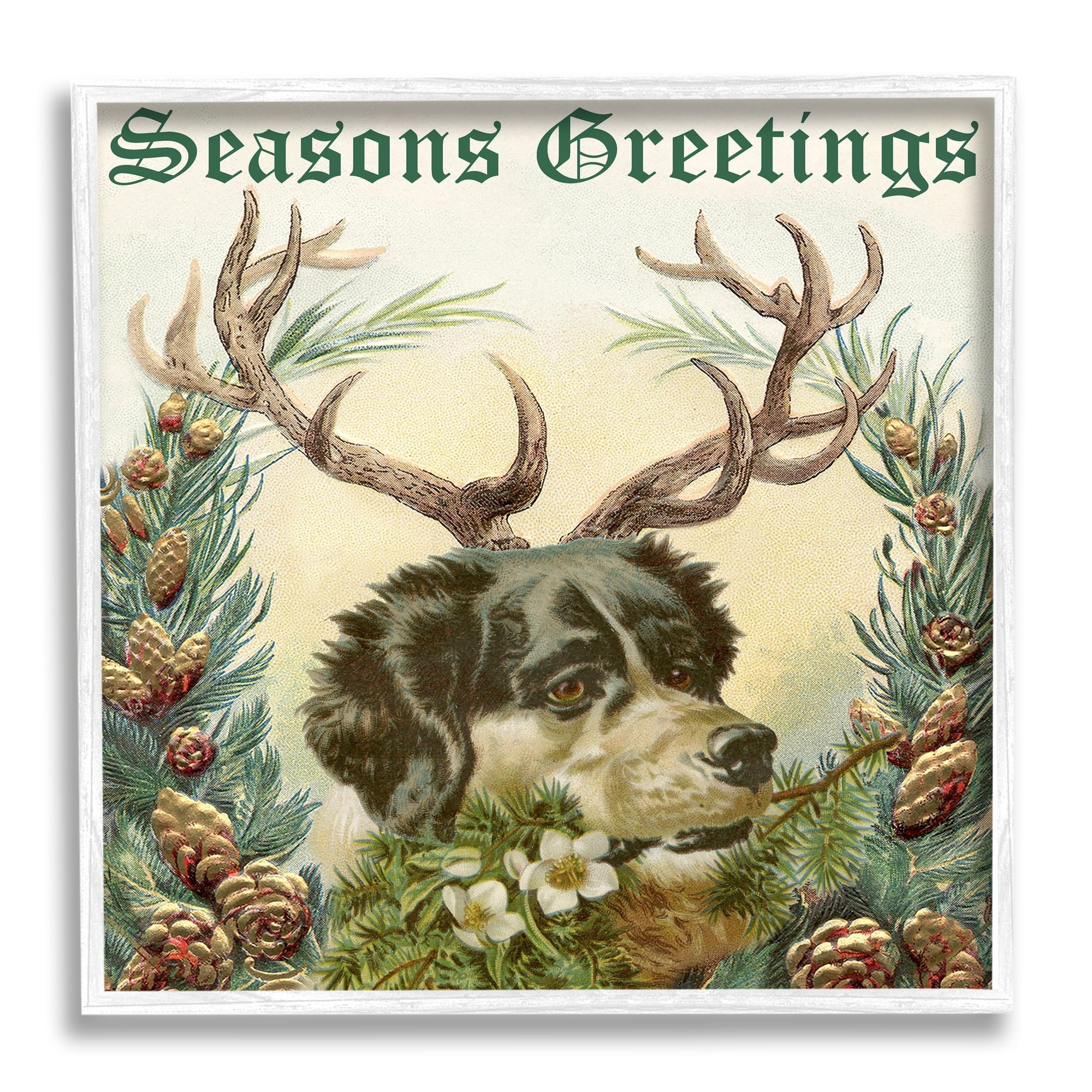 Stupell Industries Seasons Greetings Dog Wearing Antlers Botanical Border Graphic Art White Framed Art Print Wall Art, Design by Alicia Longley