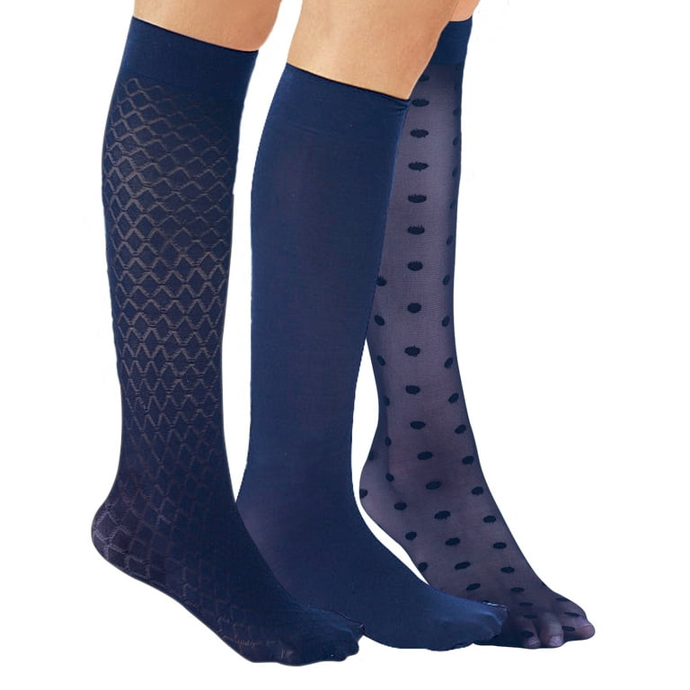 Stylish & Comfortable 15-20mmHg Compression Knee High Stockings, 3 Pairs -  Made in USA, Navy, Queen - Made in the USA