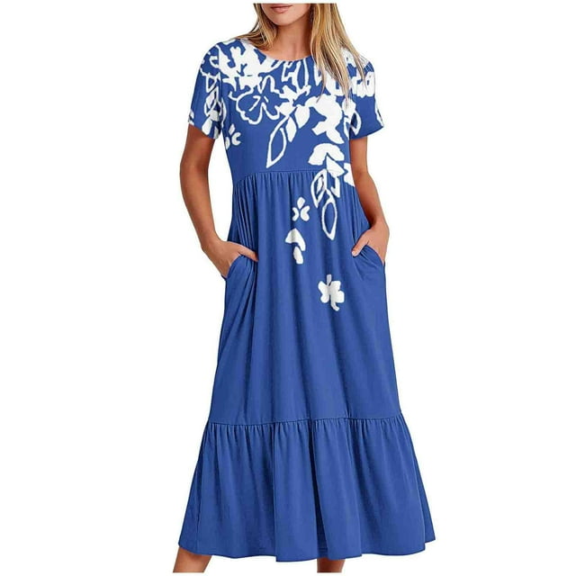 Pisexur Robes d'Été pour Femmes à Col Rond, Robe Fluide Plissée Tendance à Manches Courtes, Mode avec Poche, Robe d'Été de Plage Évasée à Imprimé Floral