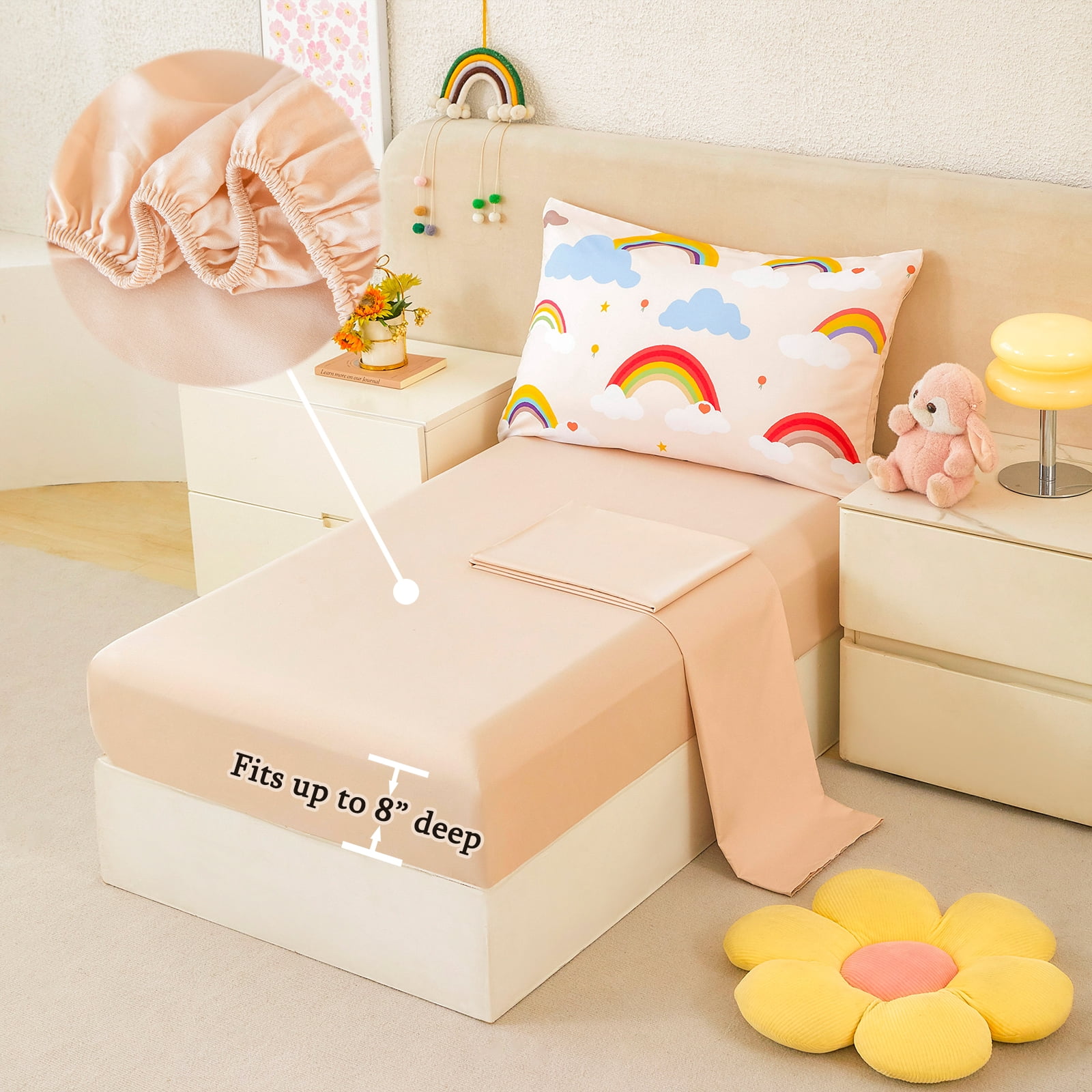 ZRNBAST 4 Piece Toddler Bedding Set, Rainbow Clouds Kids Crib Toddler Comforter Set for Girls, Beige