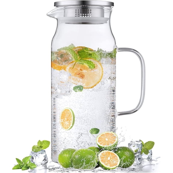 2 Liter 68 oz Glass Pitcher with Lid and Handle, Glass Carafe for Hot/Cold Water, Large Iced Tea Pitcher for Coffee, Juice and Homemade Beverage