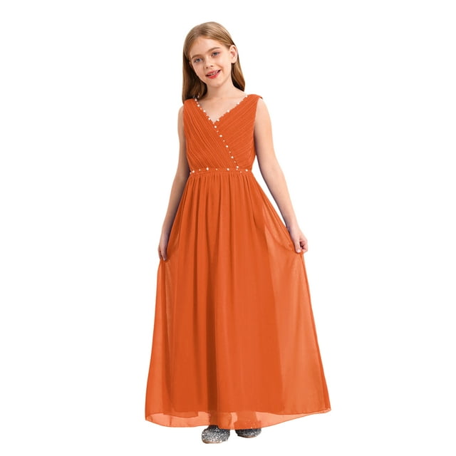 Manyakai Robe Maxi Plissée en Mousseline pour Filles, Demoiselle d'Honneur Junior, Sans Manches, Perlée, Robe de Danse, Bal de Promo, Fête, Orange 10