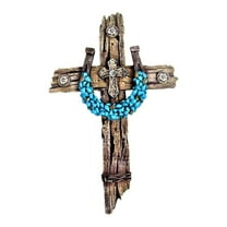 Rustic Drifted Wood Look Wall Cross with Turquoise Decor Horseshoe Spiritual Wall Art