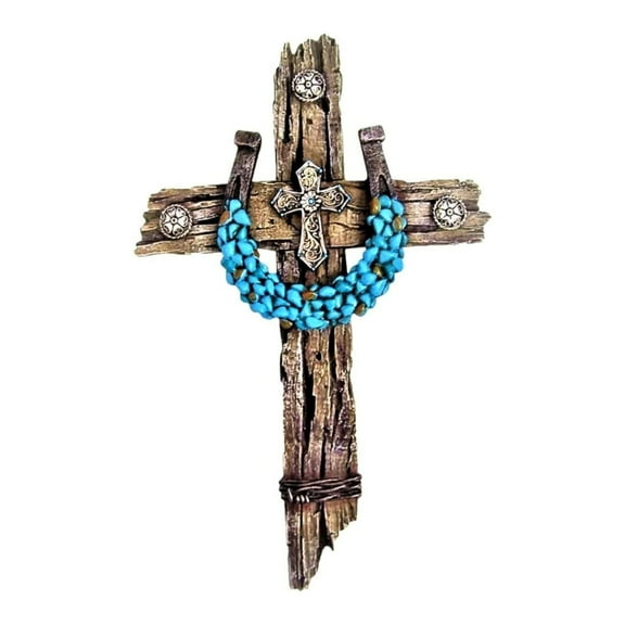 Rustic Drifted Wood Look Wall Cross with Turquoise Decor Horseshoe Spiritual Wall Art