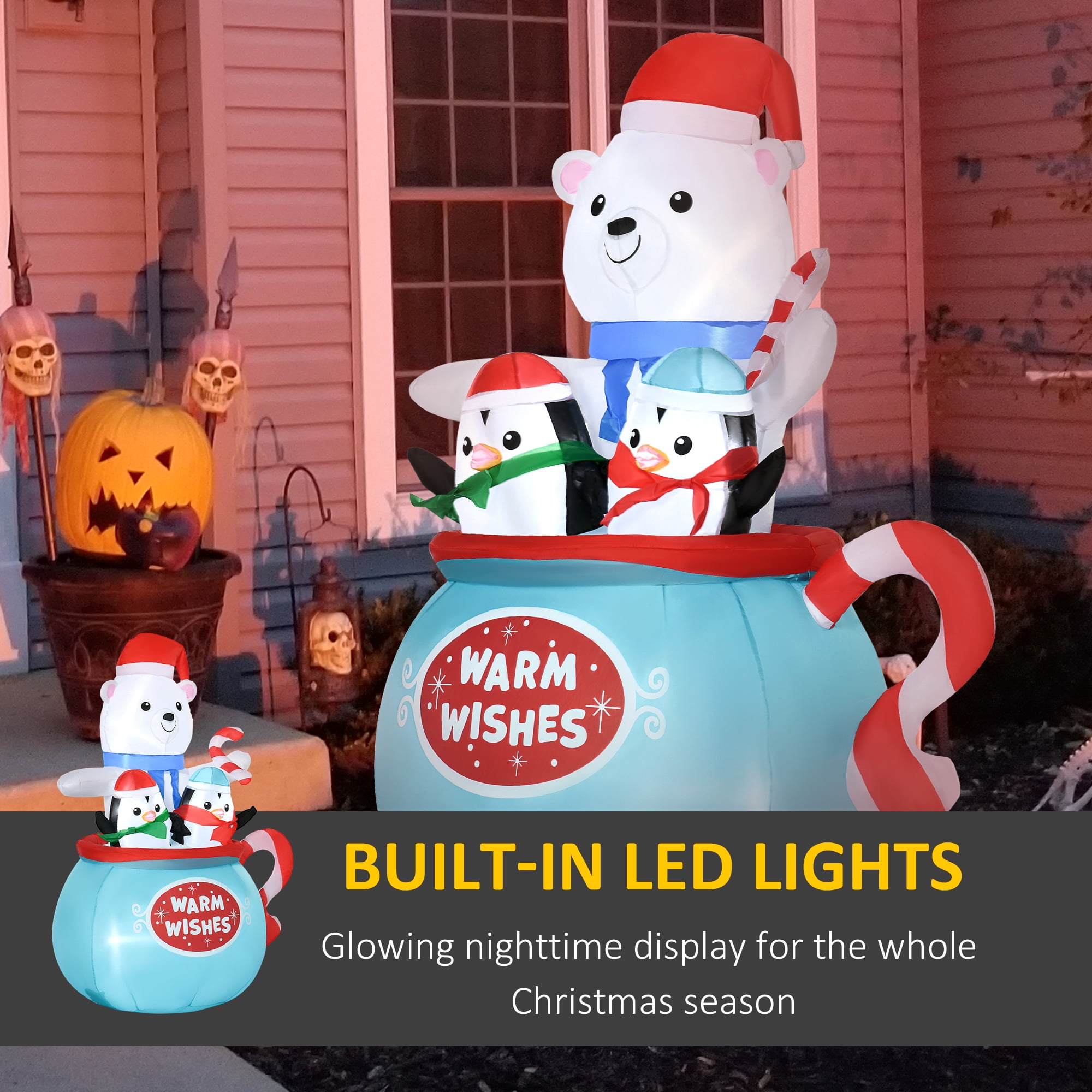 Christmas Bear and Penguins Inflatable Sitting in a Cup with LED Lights Outdoor Yard Decoration
