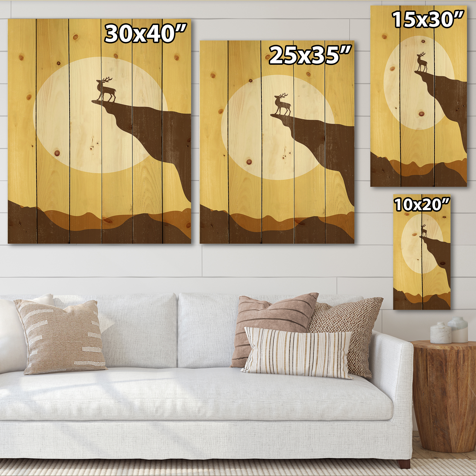 Designart 'Minimalistic Deer At Sunset On Mountain Top' Lake House Print on Natural Pine Wood