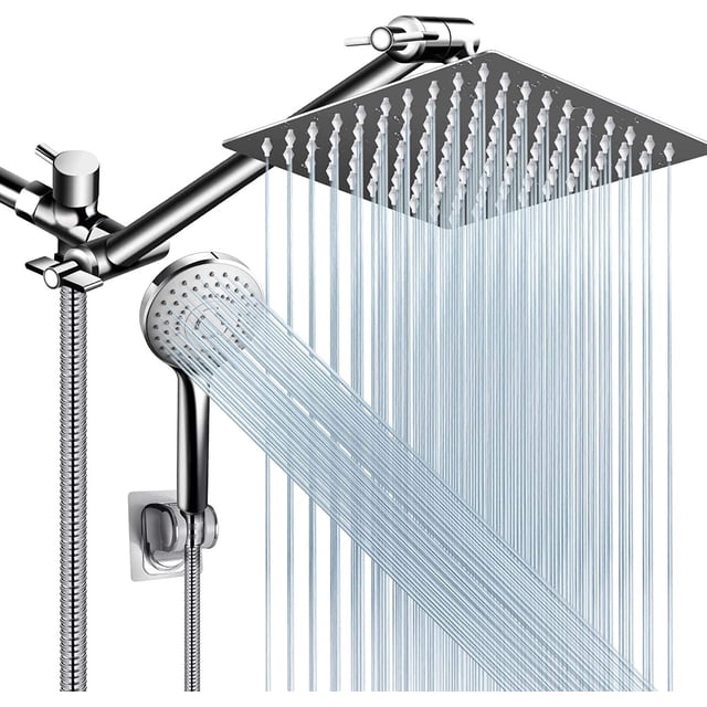 Combo de cabezal de ducha cuadrado doble totalmente metálico - Cabezal de ducha tipo lluvia - Varita de ducha de mano Manguera flexible extra larga - Desviador suave de 3 vías - Brazo de ext