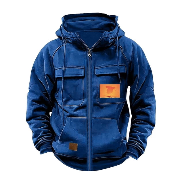 Lovzfmll Sweat à Capuche Homme Couleur Unie Sport Décontracté Multi-Poches Patch Veste Sweat à Capuche Homme Bleu, G