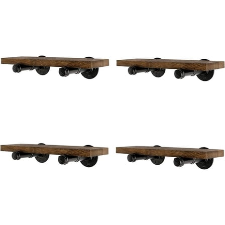 Wall Mounted Floating Shelves, Floating Shelves with Industrial Pipe Brackets Set of 4 Rustic Wood Storage Shelf for Bedroom Living Room Bathroom Kitchen Office and More (4, Brown)