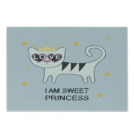 Cartoon Cutting Board, Cartoon Cat with Heart Shaped Glasses Love Royal Animal Character, Decorative Tempered Glass Cutting and Serving Board, Small Size, Multicolor, by Ambesonne