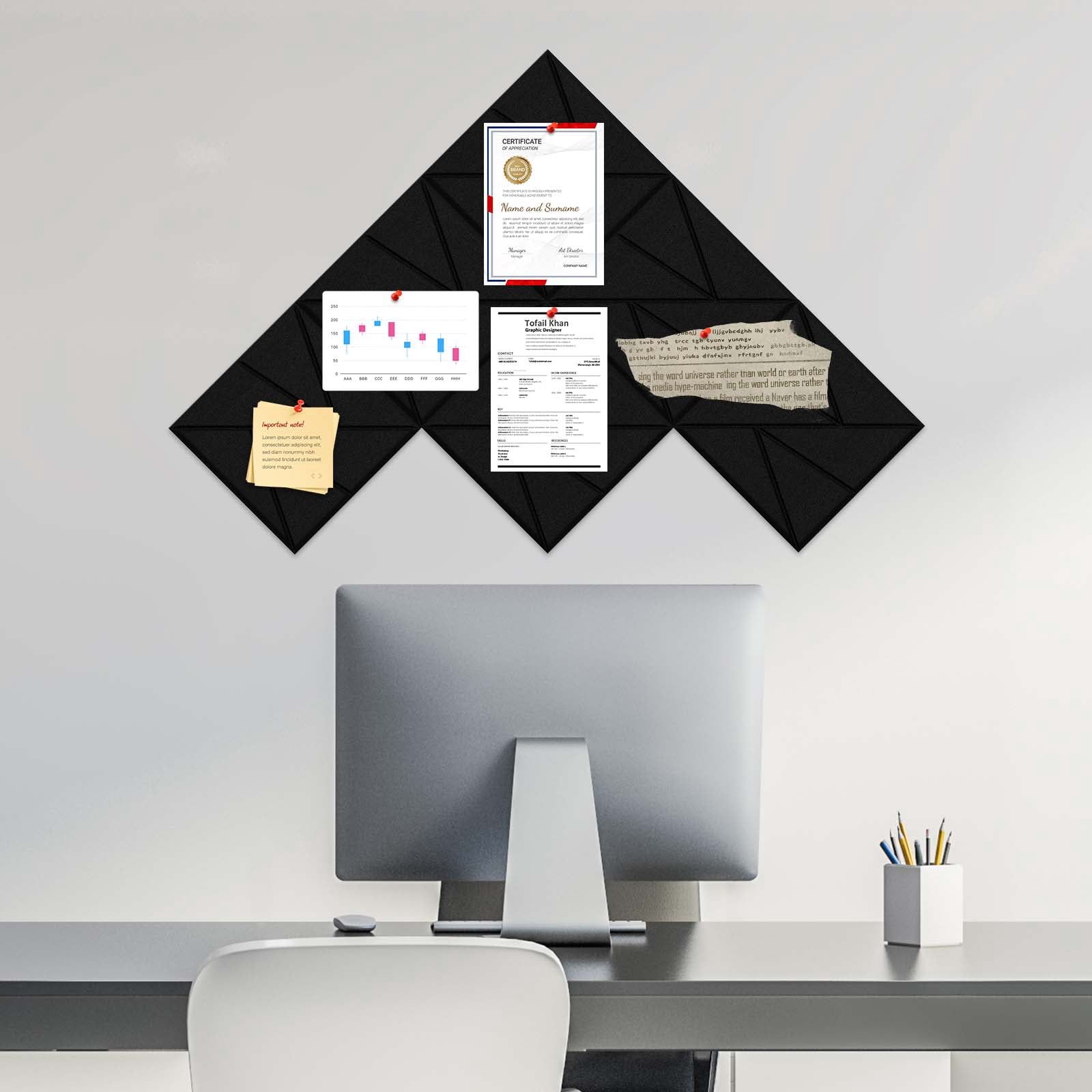 36" x 24" Vision Board, Large Decorative Felt Pin Board, Black Felt Bulletin Board, 6 Pack Foldable Felt Wall Tiles, Cork Board Alternative Tack Board for Office Wall Decor
