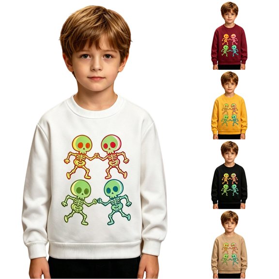 RUTAYY Boys Sweatshirt Long Sleeve Halloween Dancing Skeleton Cartoon Graphic Print Crew Neck Pullover Tops White