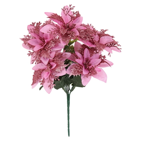 1 Pcs Artificial Poinsettia Flowers Christmas Flowers Ornaments Glitter Faux Flowers 5 Stem Poinsettia Floral with Stem Leaf for Home Party Christmas DIY Craft Holiday Decor（Pink）