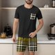 thumbnail image 4 of Mangas de Mano para Hombres Plaid Casual Home Sleepwear Manga Corta Cuello Redondo Top Y Pantalones Cortos Set, Algodón Poliéster Sala de Desgaste, 4 of 6