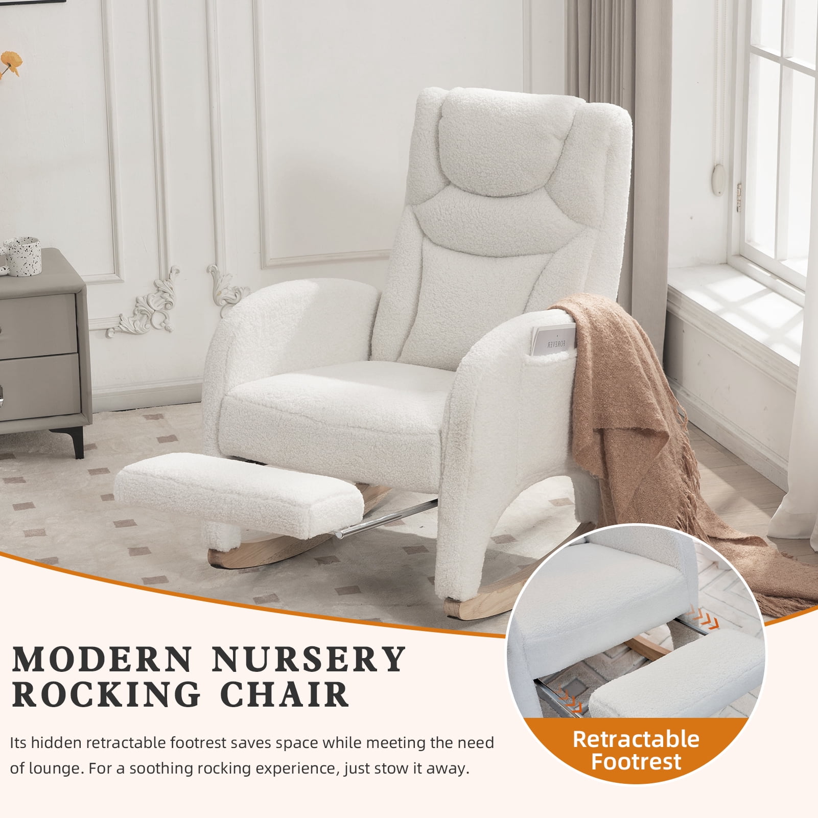 ALAKFORM Rocking Chair Nursery with Foot Rest,Upholstered Teddy Glider Rocker with Wood Legs, Nursing Rocking Chair Indoor for Living Room/Nursery,Ivory