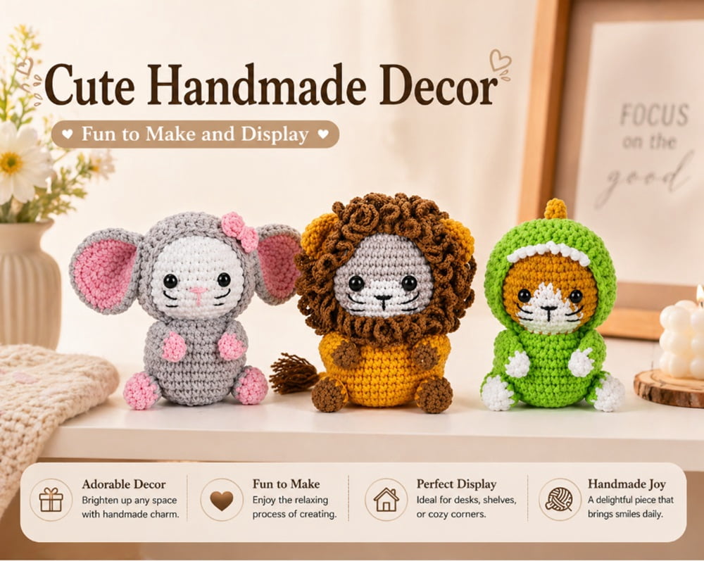 3 Pack Cat Crochet Kit for Beginners, Cat Amigurumi Starter Set with Step by Step Video Tutorials, TIKA