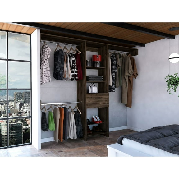 Dark Walnut 250 Bedroom Closet - Five Open Shelves, One Drawer, Three Metal Rods Modern Uniqueness