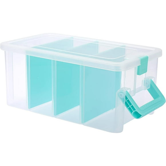 Plastic Clear Blue Storage Container Organizer Box, Home Utility Storage Box With 4 Detachable Compartments And Handle, Vertical