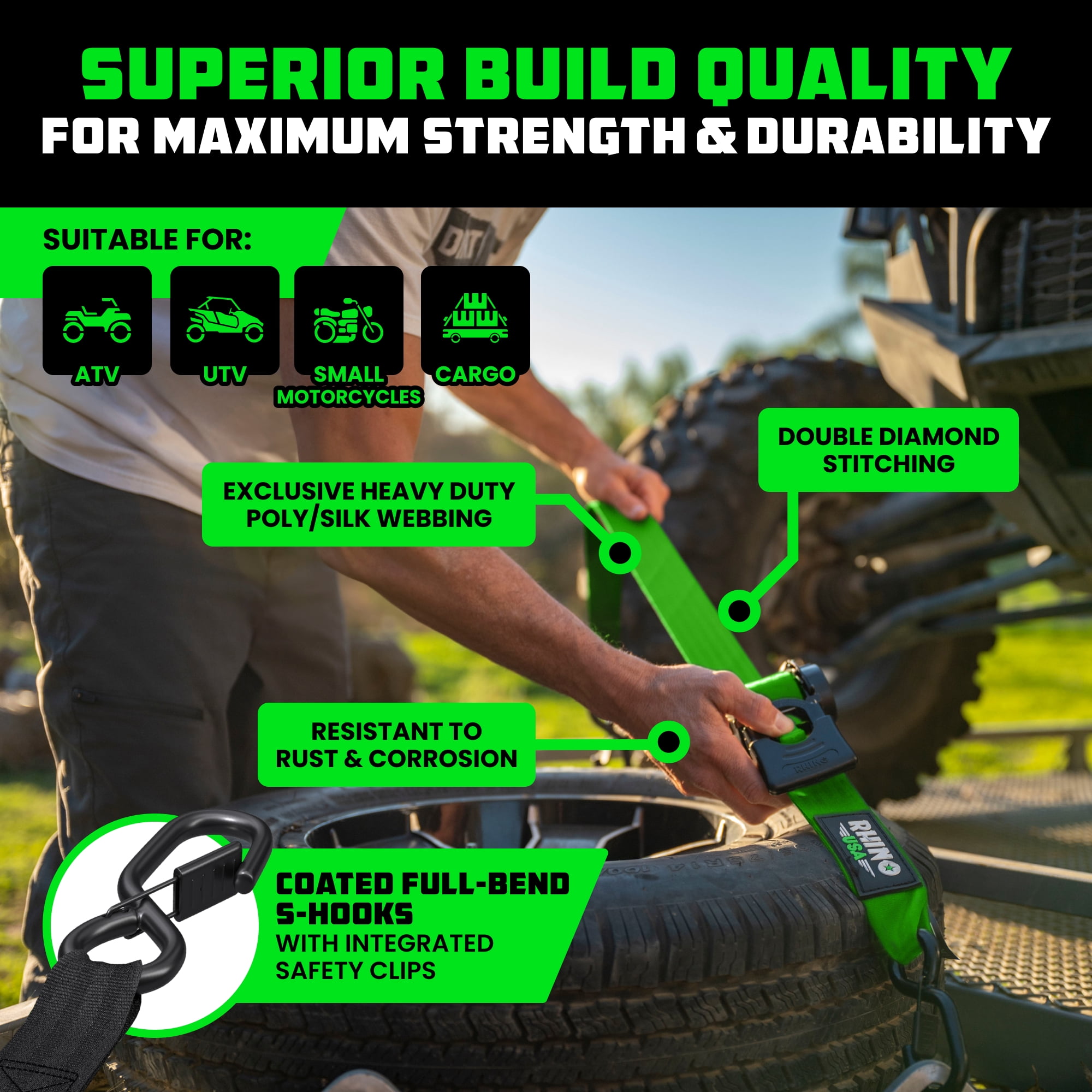 Rhino USA Heavy Duty 2" x 10' Retractable Ratchet Straps 3,033lb Break Strength (Green 4 Pack)
