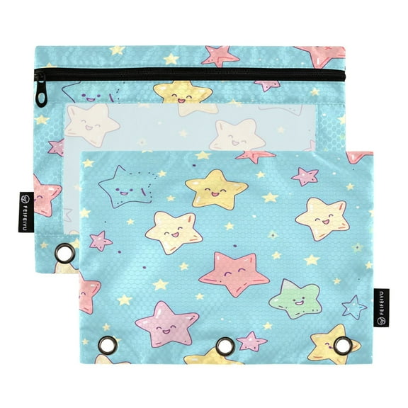 2 Pack Pencil Bag 9.84x6.1 Inch 3-Ring Page Turning Folder Zipper Pencil Case Pencil Bag Page Turning File BagSmiling Star