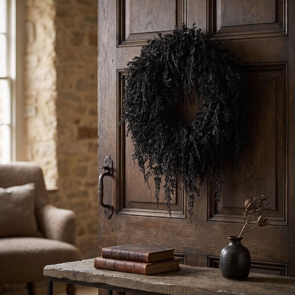 Halloween Artificial Wreath, Black Cedar Wreath, Spooky Fall Harvest Faux Wreath, for Front Door, Indoor Outdoor, Wall Window Porch Party Decor